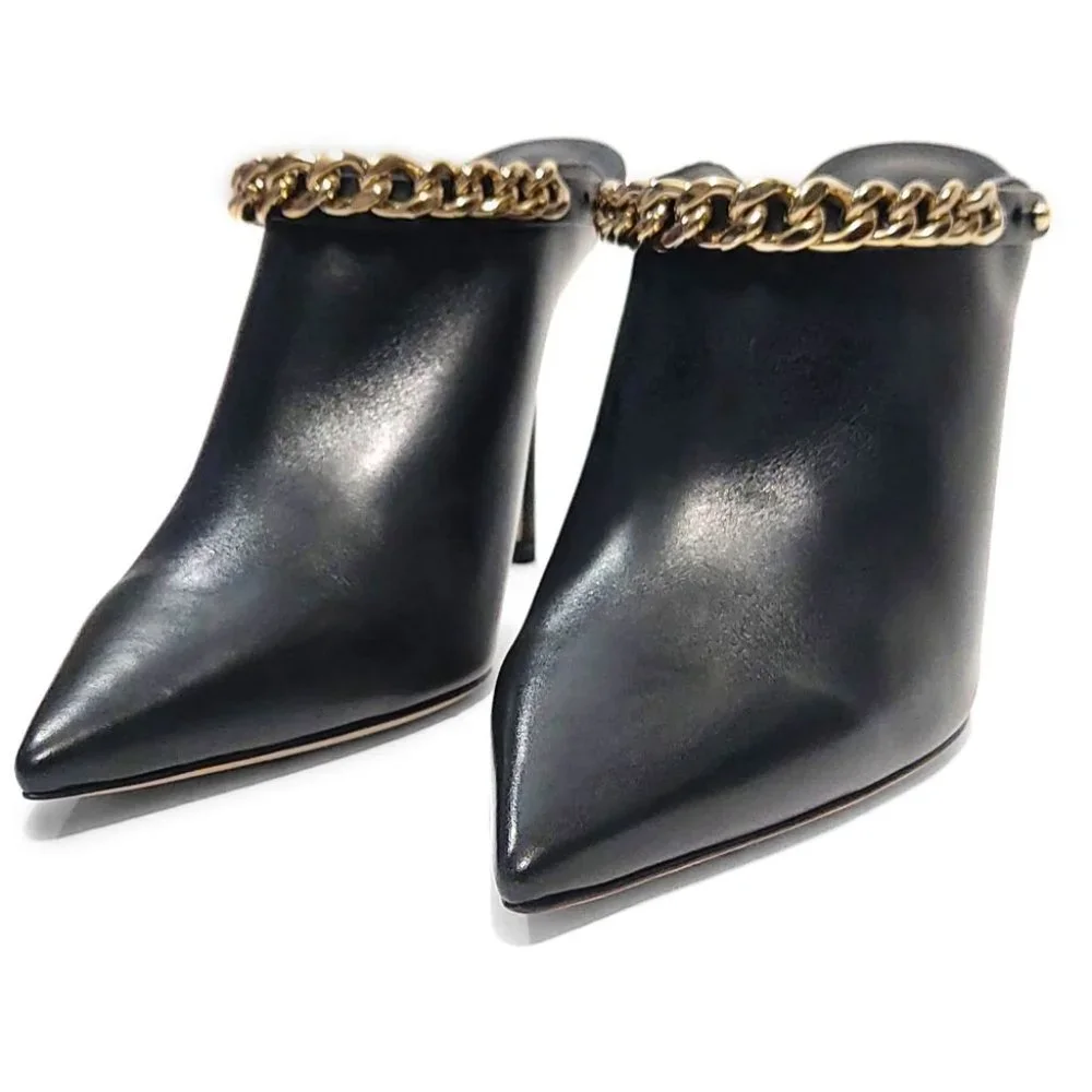 Jimmy Choo Lexx 100 Black Leather Gold Color Chain EU 37 US 7 Mules - Picture 2 of 12